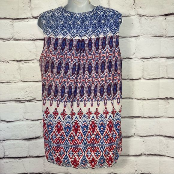 Basic Editions Red White and Blue Bohemian Print Loose Tank Size M Cotton SZ M - Picture 2 of 7